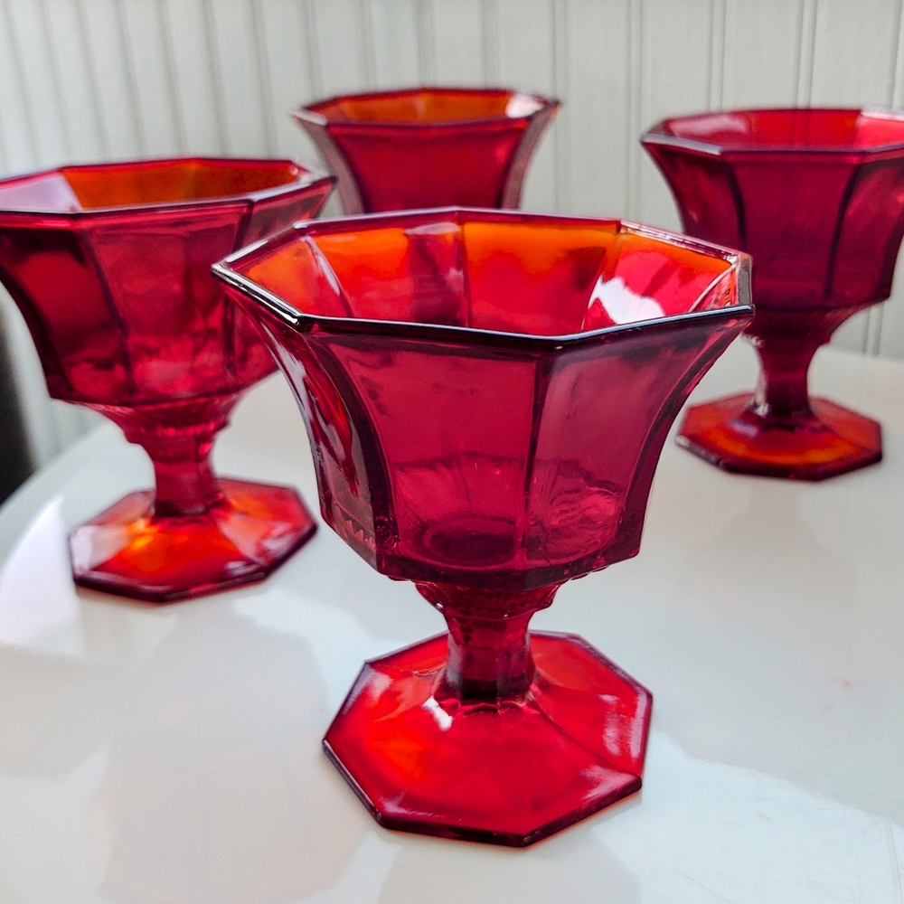 Gorgeous VTG Ruby Red Amberina Octagon Goblets Independence Glassware Co